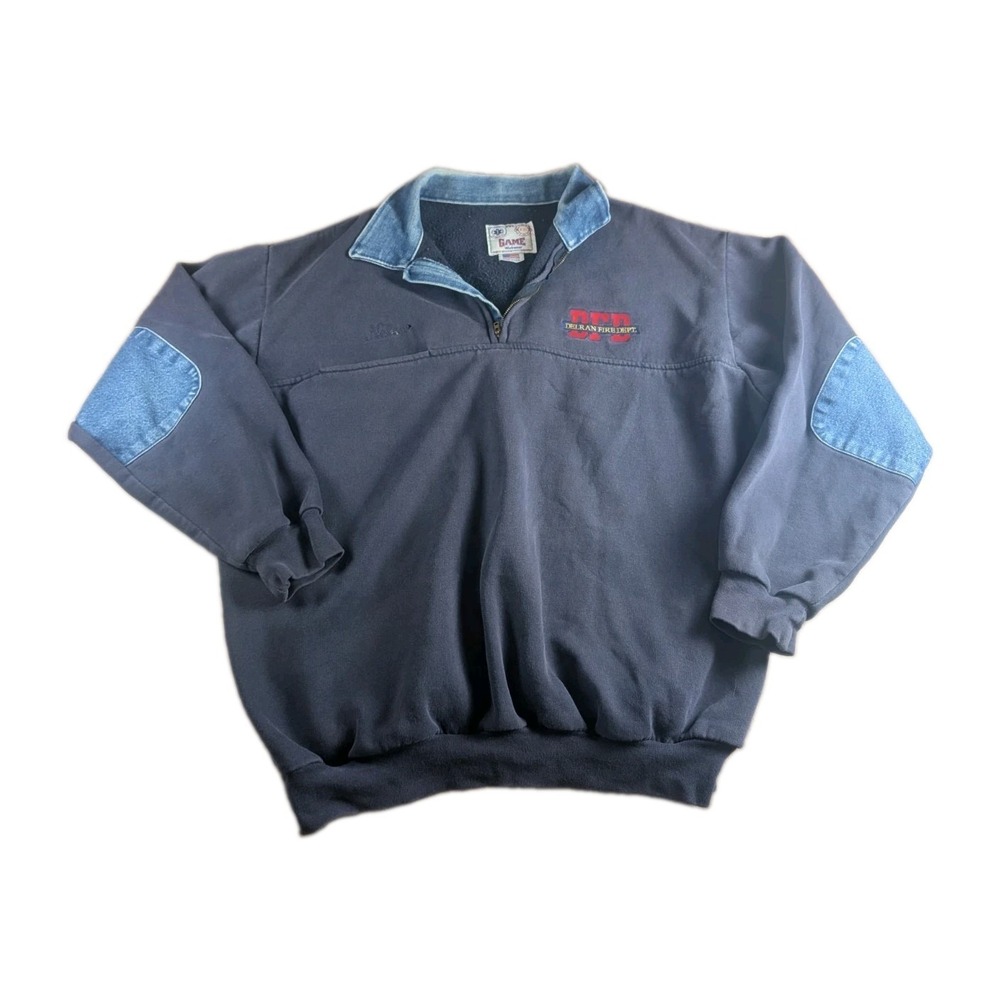 Vintage GAME Workwear Delran Fire Dept Quarter Zip Sweatshirt USA Made Denim XXL